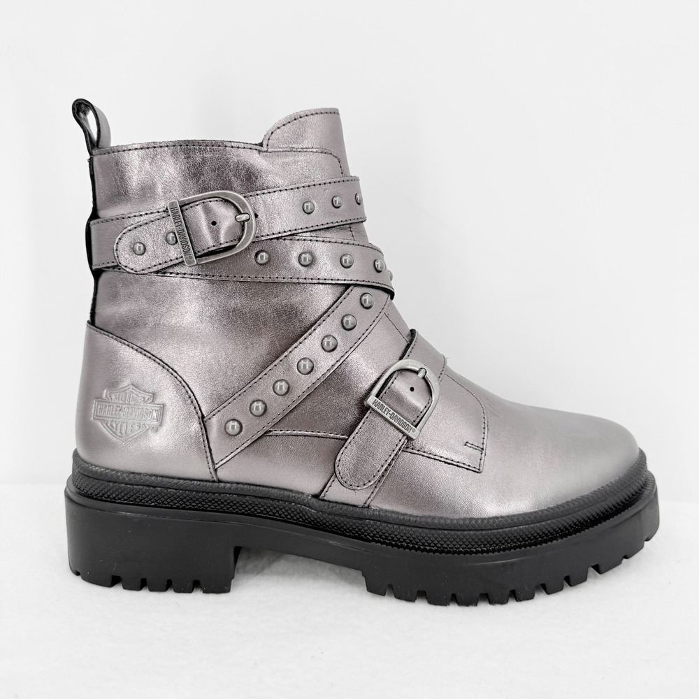 Harley-Davidson Carrigan Silver Leather Studded Combat Moto Boot Women 8.5M NWOB